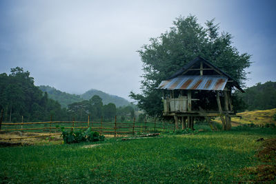 Abandoned house on field against sky