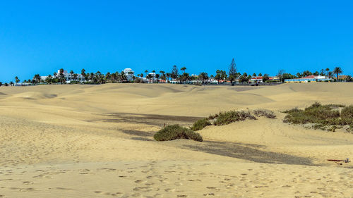 Scenic view of beach against clear blue sky