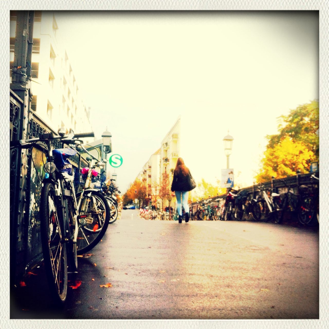 transfer print, bicycle, auto post production filter, lifestyles, men, full length, leisure activity, transportation, walking, rear view, clear sky, street, person, land vehicle, the way forward, built structure, road, riding