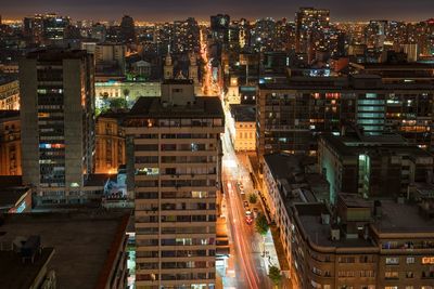 High angle view of illuminated buildings at night