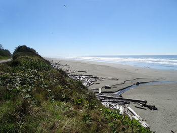 Scenic view of beach against clear blue sky