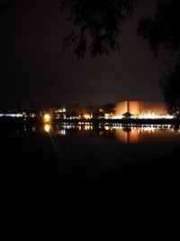 Illuminated trees by river against sky at night