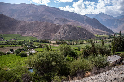 Scenic view of field and mountains against sky