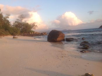 Scenic view of beach against sky during sunset