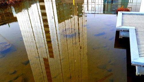 Building reflecting in water