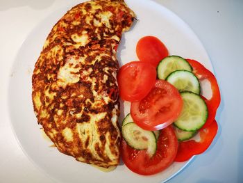 High angle view of breakfast in plate on table