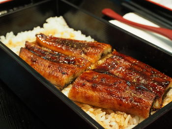 Close-up of meat on barbecue grill