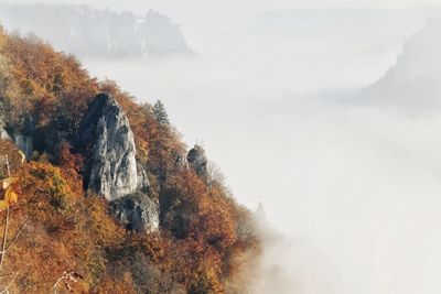 View of rock formation during foggy weather