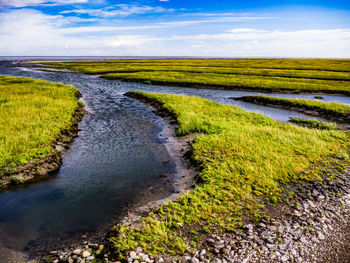 Scenic view of stream on field against sky