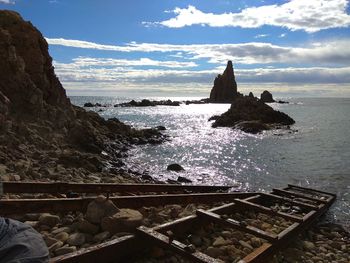 Rocks on beach against sky