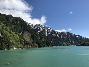 Scenic view of sea by mountain against sky