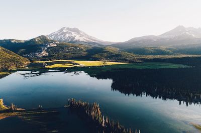 Scenic view of lake and mountains against sky