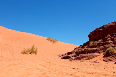 Scenic view of desert against clear blue sky