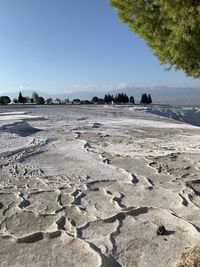 Aerial view of city at salt terraces at pamukkale in turkey 