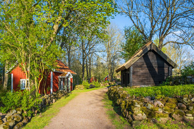 Red cottage and a log barn in a rural landscape