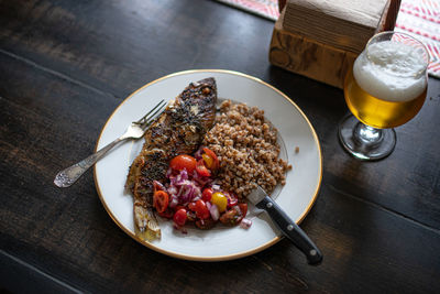 High angle view of breakfast served on table