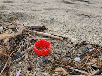 Red plastic bottle cork on wild polluted sea coast, italy