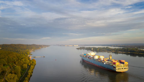 Scenic view of river against sky in city