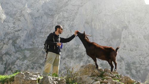 Low angle view of hiker with goat standing against mountain