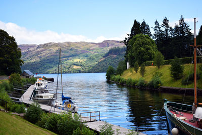 Boats moored on river by trees against sky