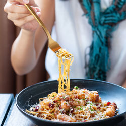 Close-up of meat served in bowl on table