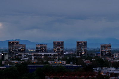 High angle view of buildings against sky