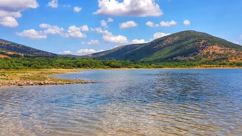 Scenic view of lake and mountains against sky