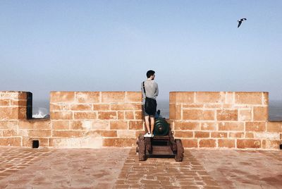 Rear view of man standing on cannon