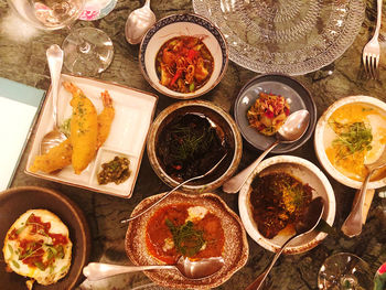 High angle view of meal served on table