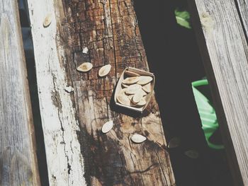 High angle view of broken window on wooden table