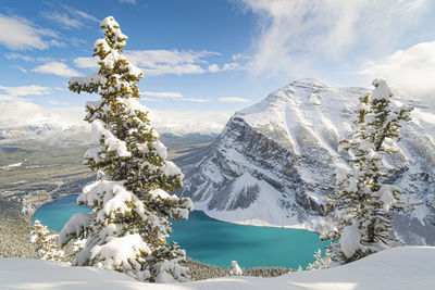 Snowy lake louise, banff, albert, canada