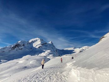 People on snowcapped mountain against sky