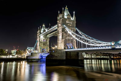 Low angle view of illuminated bridge at night