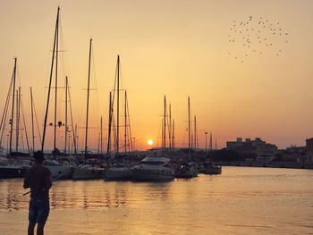 Sailboats in marina at sunset