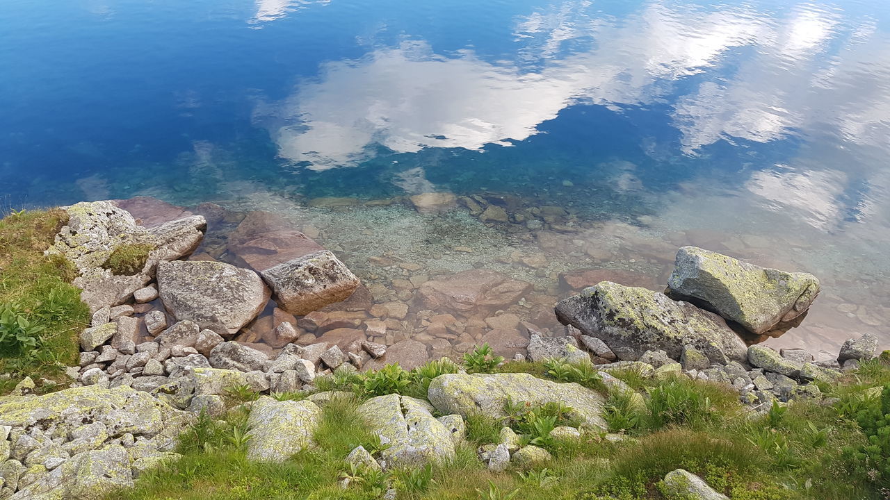 HIGH ANGLE VIEW OF ROCKS ON SHORE