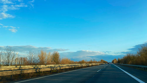 Road by trees against blue sky