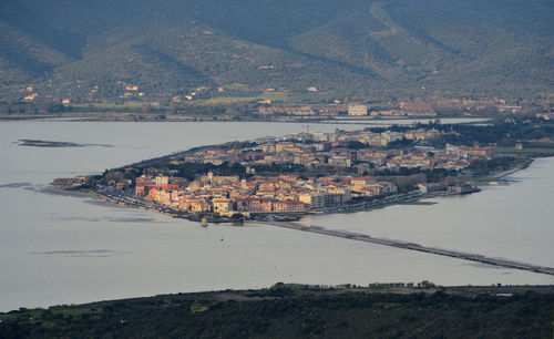 High angle view of river by buildings in city