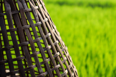 High angle view of wicker basket on field