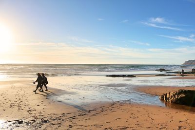 People walking on beach against sky