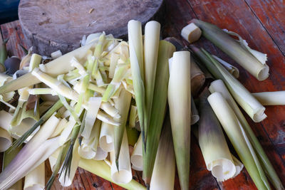 High angle view of chopped vegetables on table