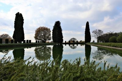 Reflection of trees in lake against sky