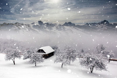 Snow covered field against sky