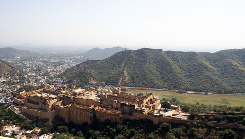 High angle view of buildings against sky