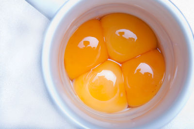 High angle view of orange juice in bowl on table