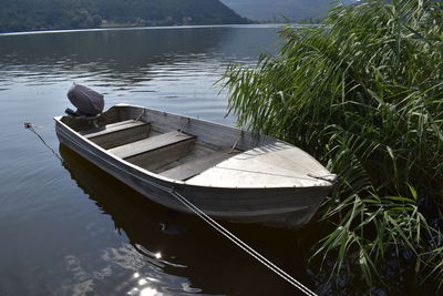 High angle view of boat moored in lake