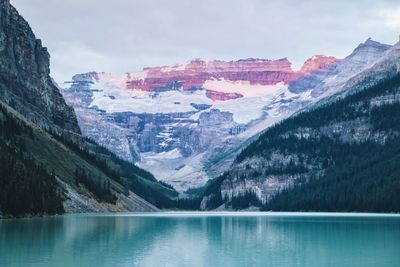 Scenic view of mountains and lake against sky