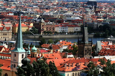 High angle view of buildings in city