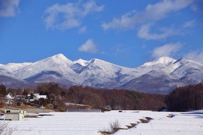 Scenic view of snowcapped mountains against sky