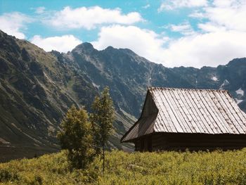 House amidst trees and buildings against sky