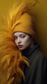 Portrait of young woman wearing fur coat